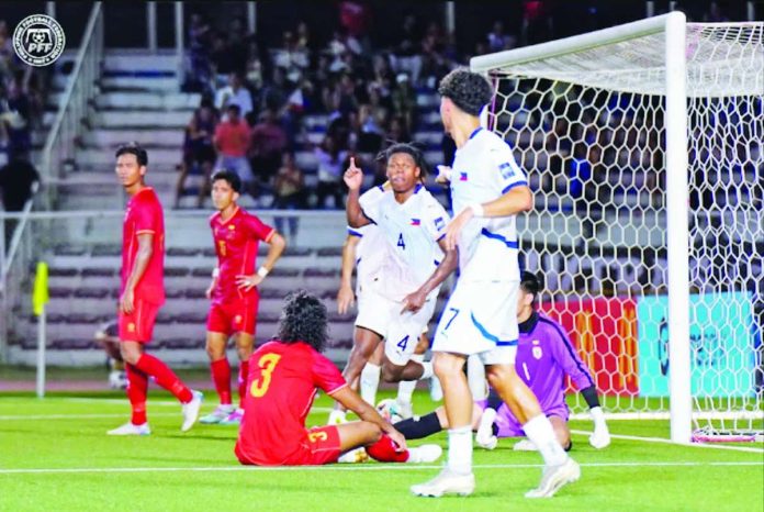 Sports_PH_compressed_resized Jeff Tabinas celebrates after scoring the opening goal in the Philippine Men’s National Football Team’s commanding 5-1 victory over Myanmar in the Tri-Nation Friendlies at the Rizal Memorial Stadium. PFF Photo