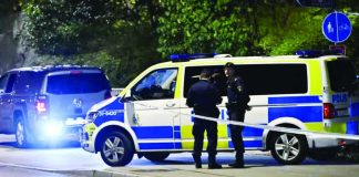 Swedish police were seen outside the Israeli embassy back in October 2024 after a suspected shooting. Young suspects have been linked to several attacks on Israeli sites in Sweden. GETTY images