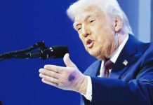 A bruise was clearly visible on United States President Donald Trump’s hand while he was speaking at the World Economic Forum in Davos, Switzerland earlier this year. GETTY IMAGES