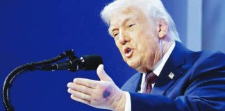 A bruise was clearly visible on United States President Donald Trump’s hand while he was speaking at the World Economic Forum in Davos, Switzerland earlier this year. GETTY IMAGES