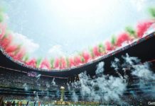 World Cup kicks off in Mexico with dancing, protests Fireworks display in the colors of the Mexican flag light up the edge of the open stadium roof during the World Cup opening ceremony. A massive golden mock World Cup trophy is on the pitch. GETTY IMAGES