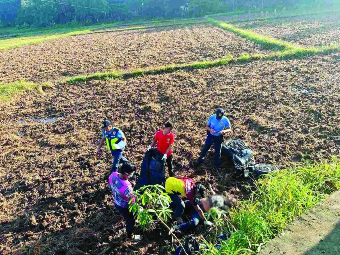 calinog_accident_compressed_resized Officers of the Calinog police station and emergency responders secure the scene in a roadside field in Barangay Barrio, Calinog, Iloilo on Sunday morning, June 7. The 39-year-old victim, alias “Elbert”, was discovered dead beside his motorcycle. CALINOG MPS PHOTO