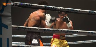 Kenneth Llover holds his own against a taller Michael Angeletti in their IBF bantamweight title eliminator in Japan.