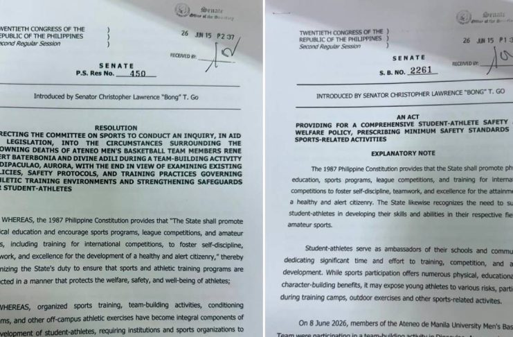 RESOLUSYON PARA IMBESTIGAHAN NG SENATE SPORTS COMMITTEE ANG PAGKAMATAY NG DALAWANG BASKETBALL PLAYERS NG ATENEO DE MANILA UNIVERSITY, PORMAL NANG INIHAIN!
