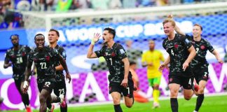 Canada’s Stephen Eustáquio celebrates after firing the stoppage-time winner that sealed a historic 1-0 victory over South Africa and sent the co-hosts into the FIFA World Cup Round of 16 at SoFi Stadium in Inglewood, California. AP PHOTO/ANDRE PENNER
