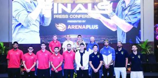 Members of Barangay Ginebra San Miguel Kings and TNT Tropang 5G pose during the pre-Finals activities ahead of the PBA Season 50 Commissioner’s Cup championship series, which opens tonight at the Smart Araneta Coliseum. PBA PHOTO