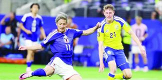 Daizen Maeda scores Japan’s opening goal during its 1-1 draw with Sweden that secured both teams a place in the 2026 FIFA World Cup Round of 32. AP