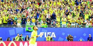 Neymar Jr. receives a rousing ovation from Brazilian supporters after making his long-awaited return from injury during Brazil’s 3-0 victory over Scotland at Hard Rock Stadium in Miami, Florida, sending the Seleção into the knockout stage of the 2026 FIFA World Cup. PHOTO COURTESY OF YAHOO SPORTS