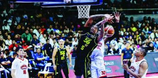 TNT Tropang 5G’s Chris McCullough was clobbered by the defense of Barangay Ginebra San Miguel Kings' Justin Brownlee. PBA PHOTO