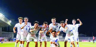 The Philippine Men’s National Football Team celebrates a commanding 5-1 victory over Guam in the opening match of the 2026 PFF Tri-Nations Friendlies at Rizal Memorial Stadium in Manila. PHOTO COURTESY OF TIEBREAKER TIMES