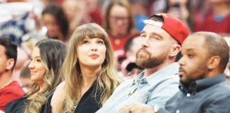 Taylor Swift and fiancé Travis Kelce watch a basketball match between the New York Knicks and the Cleveland Cavaliers in Cleveland, Ohio, on May 23, 2026. PHOTO: GETTY IMAGES VIA AFP VIA THE STRAITS TIMES