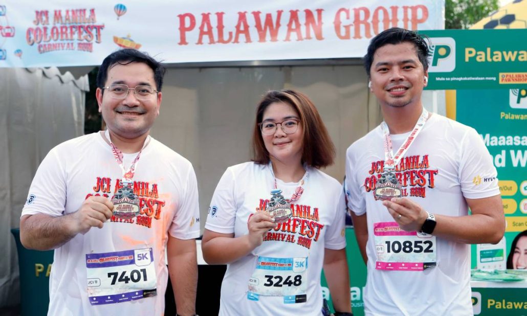 Palawan executives, from left to right: Chief Marketing Officer Bernard Kaibigan, CSR Manager Angela Villanueva, and IMC Head Jeff Dimaano, joined JCI Manila’s Colorfest Carnival Run.