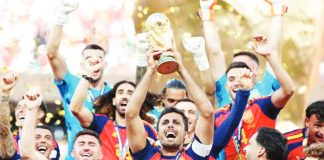 Rodri, captain of Spainm lifts the FIFA World Cup Winner’s Trophy after the team’s victory following the final match against Argentina at New York New Jersey Stadium. GETTY IMAGES