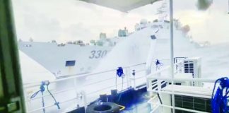 A China Coast Guard vessel fired a water cannon at a Philippine fisheries vessel delivering fuel subsidies to Filipino fishermen at Panatag Shoal on July 23, 2026, four days before President Ferdinand Marcos Jr. delivered his State of the Nation Address where he called for national unity in defending the West Philippine Sea. This photo is a screengrab from the video posted by Philippine Coast Guard spokesperson for the West Philippine Sea Rear Adm. Jay Tarriela.