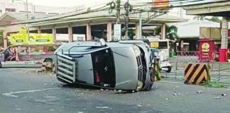A Montero Sport flipped over after hitting concrete barriers in Barangay Tagbak, Jaro, Iloilo City early Thursday morning, July 16, 2026. SCREENGRABBED FROM ANDREW LACHICA SINTOS/FB VIDEO