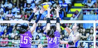 At the net: ZUS Coffee Thunderbelles’ Chinnie Arroyo fires an attack against the defense of the Choco Mucho Flying Titans during their PVL On Tour Showdown match at the Batangas City Sports Center. (PVL Photo)