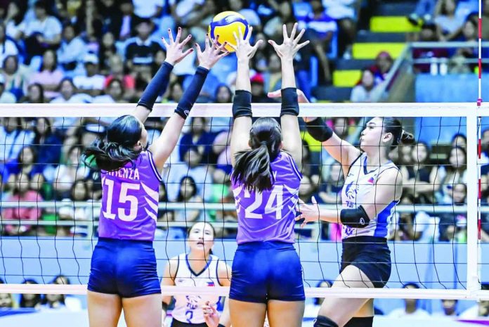 At the net: ZUS Coffee Thunderbelles’ Chinnie Arroyo fires an attack against the defense of the Choco Mucho Flying Titans during their PVL On Tour Showdown match at the Batangas City Sports Center. (PVL Photo)
