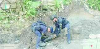 Personnel of the Provincial Explosive Ordnance Disposal (EOD)/K9 Unit recovered an M47 100-pound White Phosphorus bomb believed to be from World War II after it was unearthed during excavation work for a flood control project in Hacienda Minilu-an, Barangay Matab-ang, Talisay City, Negros Occidental, on July 22. The unexploded ordnance was safely rendered harmless before being transported for proper disposal. PRO-NIR PHOTO