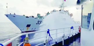 A Chinese coast guard ship fires a water cannon at a Philippine vessel, in this screengrab taken from a Philippine Coast Guard handout video released on July 23, 2026 at the West Philippine Sea. United States President Donald Trump has committed to personally raise the Philippines’ sea dispute concerns with Chinese President Xi Jinping in their next meeting. JAY TARRIELA VIA X