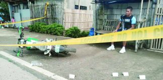 A police officer stands guard at the crime scene in Barangay Dangula-an, Anilao, Iloilo, where a 60-year-old man was gunned down by riding-in-tandem suspects on July 28, 2026. PHOTO COURTESY OF XFM RADYO PATROL ILOILO