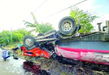 Truck driver killed, helper hurt in Sara road crash This truck overturned after crashing in Barangay Apelo, Sara, Iloilo on Monday night, July 6, 2026. Police said the accident claimed the life of a 36-year-old driver and injured his helper. REGIE MALINAO PORRAS PHOTO