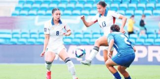 Angie Beard celebrates after scoring the opening goal for the Philippine women’s national football team against Uzbekistan. PHOTO COURTESY OF THE PHILIPPINE SPORTS COMMISSION