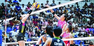Creamline Cool Smashers' Michelle Gamit scores through the defense of the Nxled Chameleons during their 2026 PVL On Tour Showdown opener at Capital Arena in Isabela. PVL