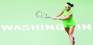 Alexandra Eala celebrates after completing a three-set comeback victory over Paris Olympic champion Zheng Qinwen of China in the opening round of the Mubadala DC Open in Washington, D.C. GETTY IMAGES