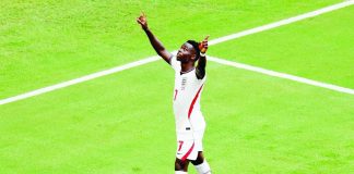 England’s Bukayo Saka celebrates after completing a hat trick in the Three Lions’ thrilling 6-4 victory over France for the bronze medal in the 2026 FIFA World Cup. PHOTO COURTESY OF FABRIZIO ROMANO