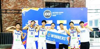 Members of the Gilas Pilipinas Under-21 Boys 3×3 basketball team celebrate after clinching the overall title in the FIBA 3×3 Nations League Asia 2 in Petaling Jaya, Malaysia, securing the Philippines' return to the FIBA 3×3 U23 World Cup after an eight year absence. SBP PHOTO