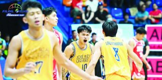 Jose Rizal University’s Heavy Bombers celebrate after defeating San Beda University in Game 1 of the Filoil EcoOil Preseason Cup finals, moving within one win of the school's first-ever preseason championship. PHOTO COURTESY OF FILOIL SPORTS