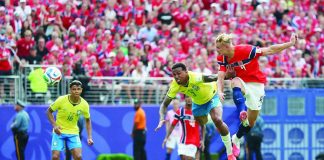 Norway’s Erling Haaland rises for a header against Brazil during their FIFA World Cup Round of 16 match at MetLife Stadium in East Rutherford, New Jersey. PHOTO COURTESY OF FABRIZIO ROMANO