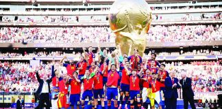 Spain celebrates after defeating defending champion Argentina, 1-0, in extra time to capture its second FIFA World Cup title at MetLife Stadium in East Rutherford, New Jersey. PHOTO COURTESY OF OPALEAK