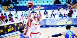 Titan Ultra Giant Risers' Shej Roi Sumang floats in a runner over the defense during the Giant Risers' upset victory over defending champion TNT Tropang 5G in the PBA Season 50 Governors' Cup on Wednesday at the Ynares Center in Antipolo City. PBA PHOTO