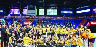 University of Santo Tomas celebrates after completing an unbeaten campaign by defeating College of Saint Benilde to win the 2026 Shakey's Super League Collegiate National Invitationals championship at the Playtime FilOil Arena in San Juan. PHOTO COURTESY OF SSL