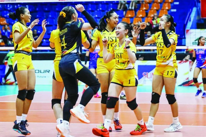 University of Santo Tomas celebrates after completing an unbeaten 8-0 campaign by defeating St. John's Institute-Bacolod to capture the 2026 Shakey's Juniors National Invitationals championship at the Playtime FilOil Arena in San Juan. PHOTO COURTESY OF SSL