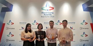 From left, Elijah Marie Daguio, Corporate Communications and Public Relations Lead of the Palawan Group; Kimberly Reyes, Brand Manager for PalawanPay; Miguel Mangabat, Marketing Manager for PalawanPay; and Boris Gantioqui, Product Lead for PalawanPay, receive the Palawan Group’s awards during the MarkeTech APAC Advertising Awards Asia Pacific 2026 held in Singapore.