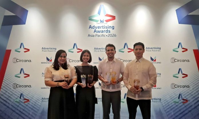 4 From left, Elijah Marie Daguio, Corporate Communications and Public Relations Lead of the Palawan Group; Kimberly Reyes, Brand Manager for PalawanPay; Miguel Mangabat, Marketing Manager for PalawanPay; and Boris Gantioqui, Product Lead for PalawanPay, receive the Palawan Group’s awards during the MarkeTech APAC Advertising Awards Asia Pacific 2026 held in Singapore.