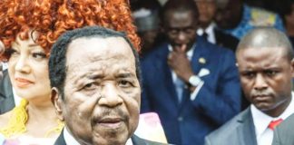 Paul Biya is seen in one of his last public sightings in Cameroon, during the April 2026 visit of Pope Leo XIV. He is surrounded by Cameroonian officials and his wife, First Last Chantal Biya. AFP VIA GETTY IMAGES