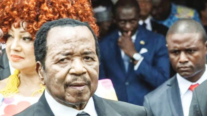 Cameroon Paul Biya is seen in one of his last public sightings in Cameroon, during the April 2026 visit of Pope Leo XIV. He is surrounded by Cameroonian officials and his wife, First Last Chantal Biya. AFP VIA GETTY IMAGES