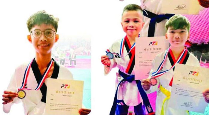 Gold medalists Marms Syrell L. Deocampo, Noah Zion Alcantara, and James Niño Ablao Venancio of the Venancio Taekwondo Academy. VTA VIA CAPIZ TIMES PHOTO