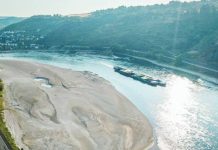 Drought strains Europe’s rivers; Rhine falls to record low levels An aerial view as a cargo ship passes a huge exposed sandbar on the Rhine River. The Rhine fell to its lowest ever levels at points in Germany and the Netherlands as heatwave conditions continue. GETTY IMAGES