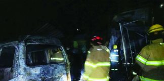 Kalibo Bureau of Fire Protection personnel respond to a warehouse fire in Barangay Estancia, Kalibo, Aklan, early August 10. The blaze destroyed the 80-square-meter structure and items stored inside, with initial damage estimated at P120,000. AKLAN-FILIPINO-CHINESE ACTION GROUP PHOTO