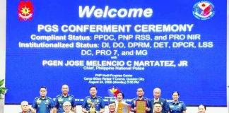 Police Regional Office-Negros Island Region Director Brig. Gen. Romano Cardiño received the Gold Eagle Award after PRO-NIR attained Compliant Status under the Performance Governance System, with an overall rating of 96.03 percent, during the PGS Conferment Ceremony on August 24 at Camp BGen Rafael T. Crame in Quezon City. PRO-NIR PHOTO