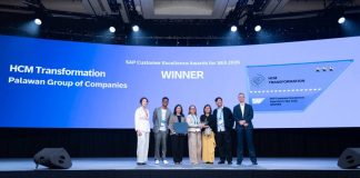 The Palawan Group accepts the Human Capital Management (HCM) Transformation Award, highlighting its commitment to building a more empowered and future-ready workforce. Third from left are Valerie Santos, Group Human Resources Head; Richelle Valdestamon, HR Employee Services Manager; Korina Castro-Fernando, Chief Human Resources Officer; and Tony Wenceslao, HR Business Partner Head.