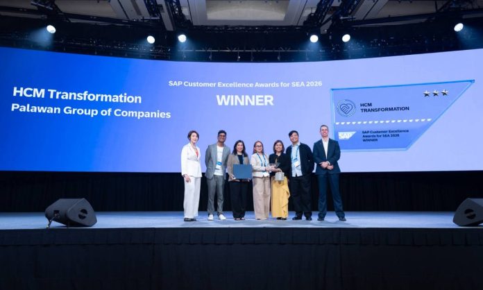 The Palawan Group accepts the Human Capital Management (HCM) Transformation Award, highlighting its commitment to building a more empowered and future-ready workforce. Third from left are Valerie Santos, Group Human Resources Head; Richelle Valdestamon, HR Employee Services Manager; Korina Castro-Fernando, Chief Human Resources Officer; and Tony Wenceslao, HR Business Partner Head.