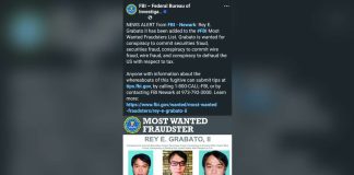This is the Facebook post of the Federal Bureau of Investigation announcing the inclusion of Rey E. Grabato II of Mina, Iloilo in its “Most Wanted Fraudsters” list. The announcement was made on Thursday night, Aug. 13, Philippine time.