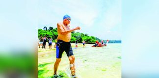 Ilonggo Vernan Certeza, 85, became the oldest swimmer in the 3K festival event of the 4th Southeast Asia Open Water Championships at Boracay Newcoast in Malay, Aklan. PHOTO COURTESY OF PAI/PET SALVADOR