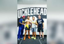 Filipino middleweight Eumir Felix Marcial (second from left) poses with American trainer Kaye Koroma, coach Reynaldo Galido and international boxing dealmaker Sean Gibbons ahead of Marcial’s Sept. 19 showdown with Omar Ulises Huerta in San Diego, California. CONTRIBUTED PHOTO