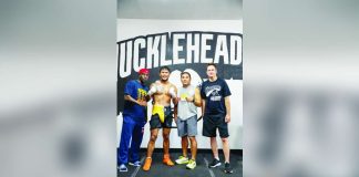 Filipino middleweight Eumir Felix Marcial (second from left) poses with American trainer Kaye Koroma, coach Reynaldo Galido and international boxing dealmaker Sean Gibbons ahead of Marcial’s Sept. 19 showdown with Omar Ulises Huerta in San Diego, California. CONTRIBUTED PHOTO